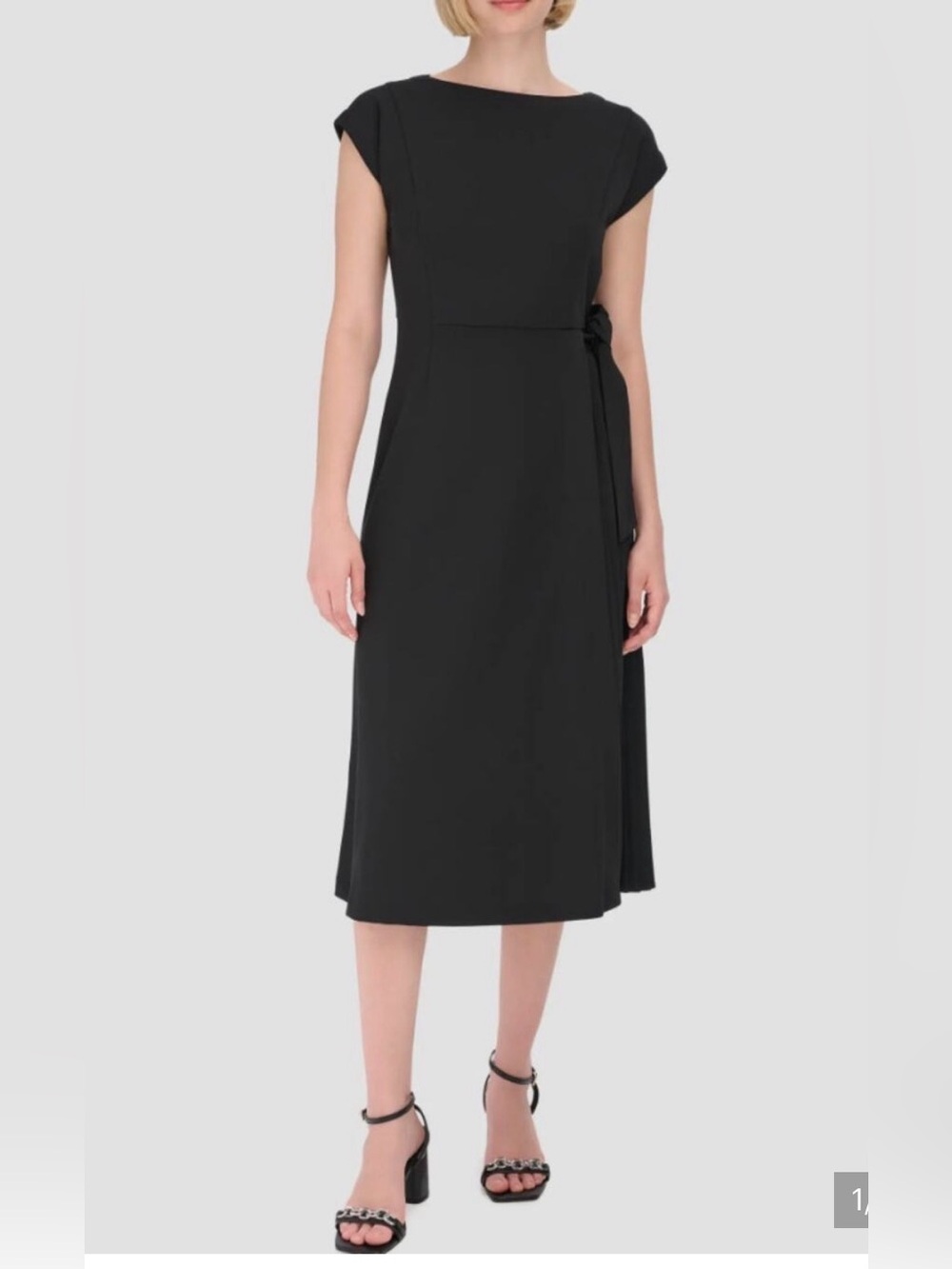 Calvin Klein Black Cap-Sleeve Midi Dress with Side Tie - Picture 3 of 11